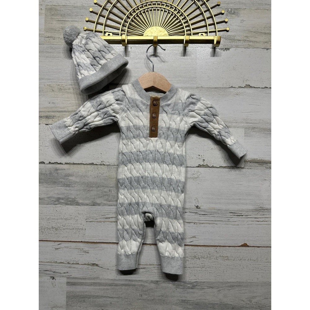 Hope & Henry Sweater Romper Boys 0-3M Gray Organic Cotton Cable Knit EUC